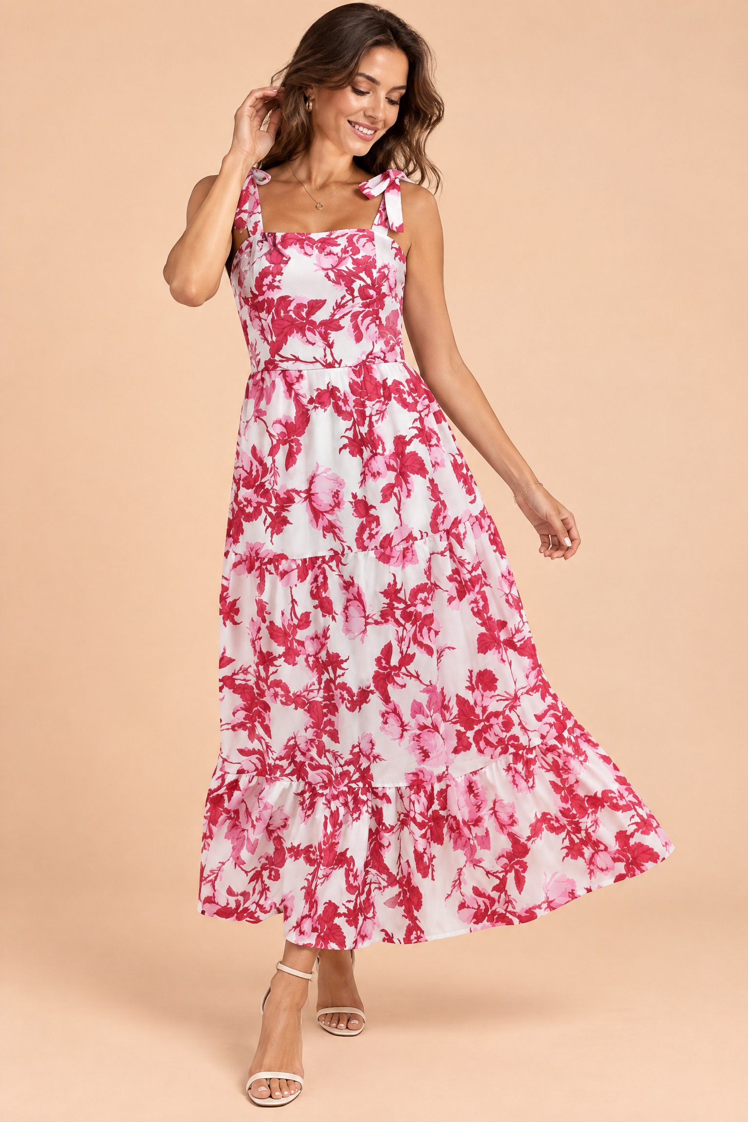 Robe longue rose à volants | Vue de face | Lounelle Paris