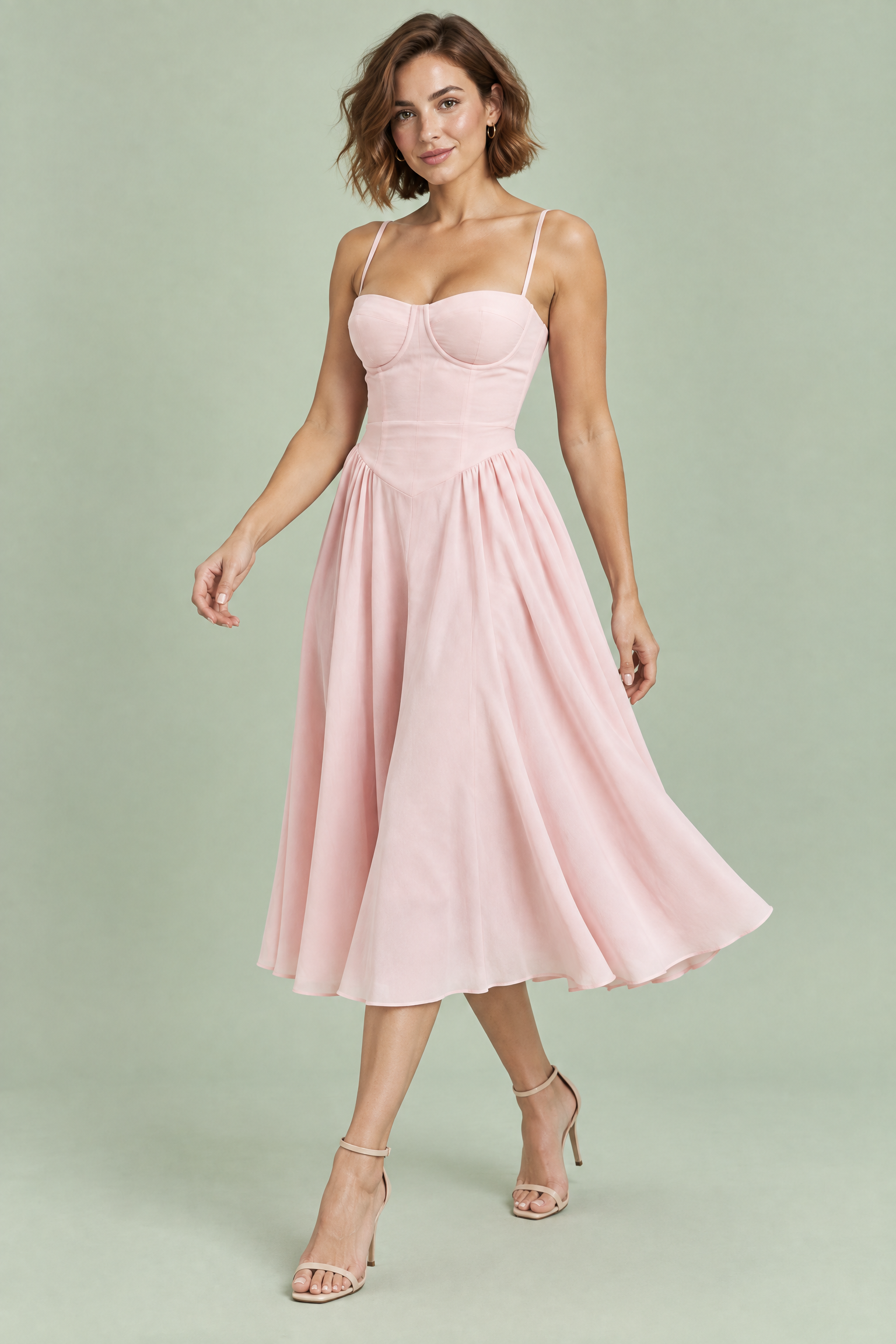 Robe bustier midi rose | Vue en mouvement | Lounelle Paris