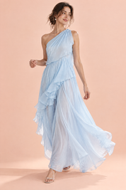 Robe bleue asymétrique à volants | Vue en mouvement | Lounelle Paris