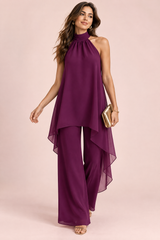 Conjunto de calças em chiffon roxo com decote halter