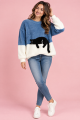 Camisola oversized azul com motivo de gatos