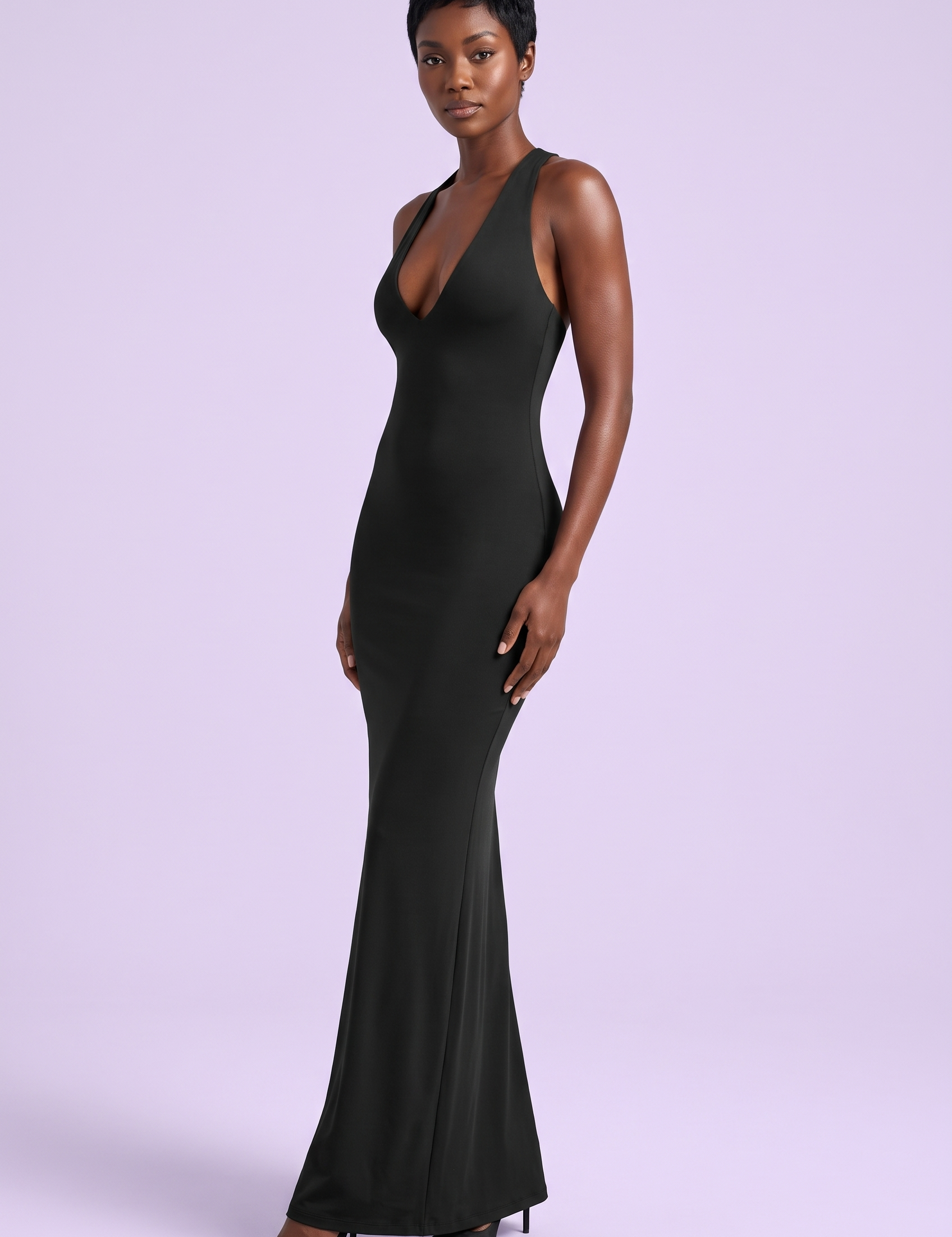 Robe longue noire à décolleté plongeant avec gants | Vue de face | Lounelle Paris