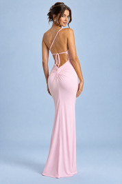 Robe longue rose poudré à une épaule et dos ouvert | Vue de dos | Lounelle Paris