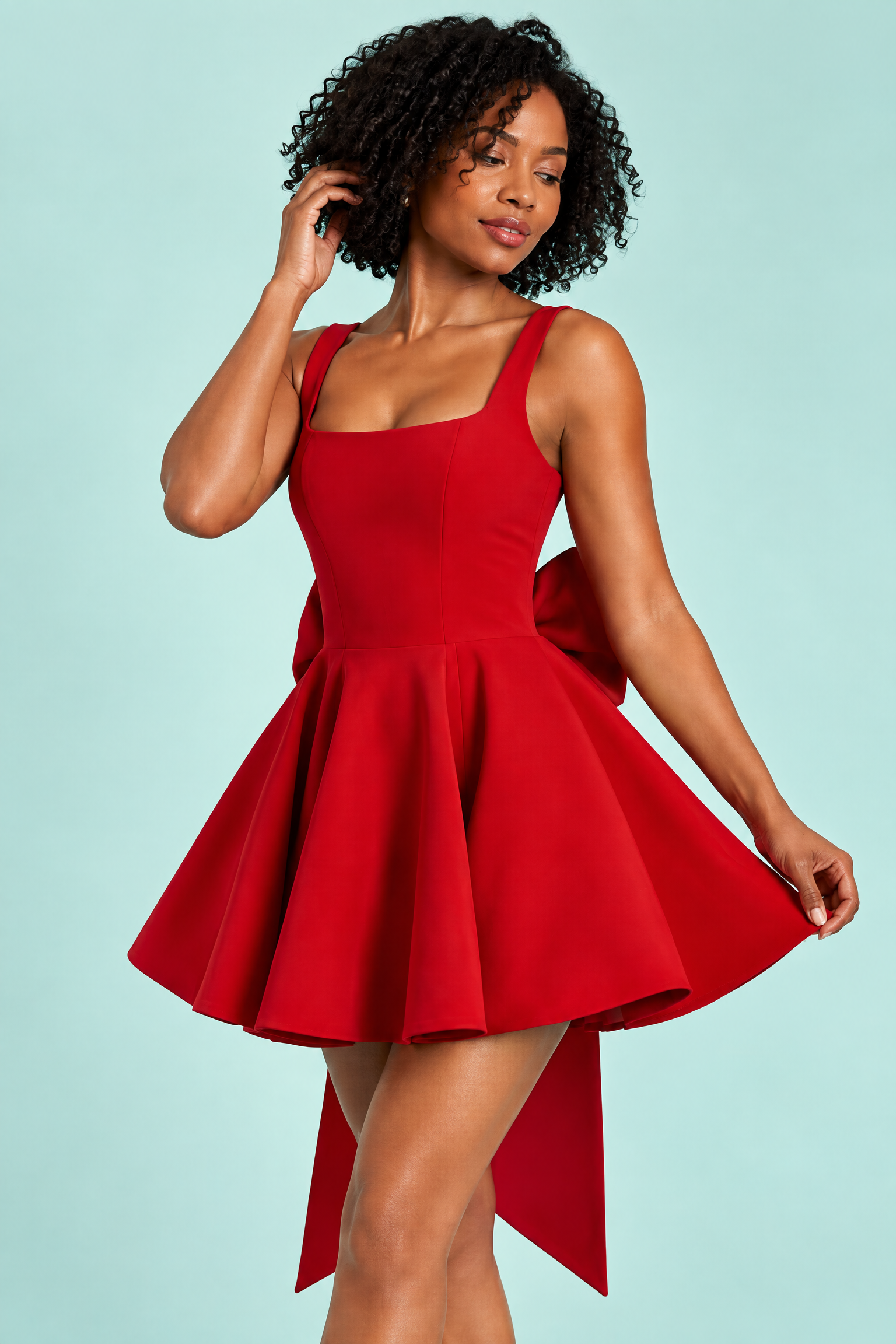 Robe patineuse courte rouge à col américain | Vue rapprochée | Lounelle Paris