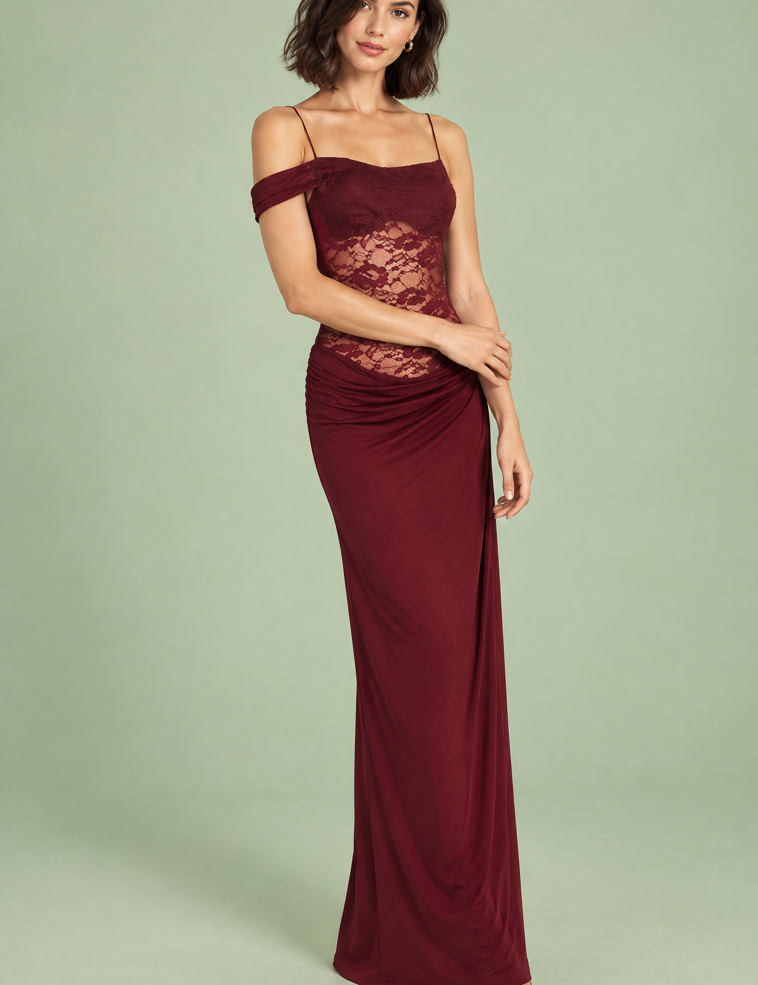 Robe longue bordeaux à empiècements en dentelle | Vue de face | Lounelle Paris