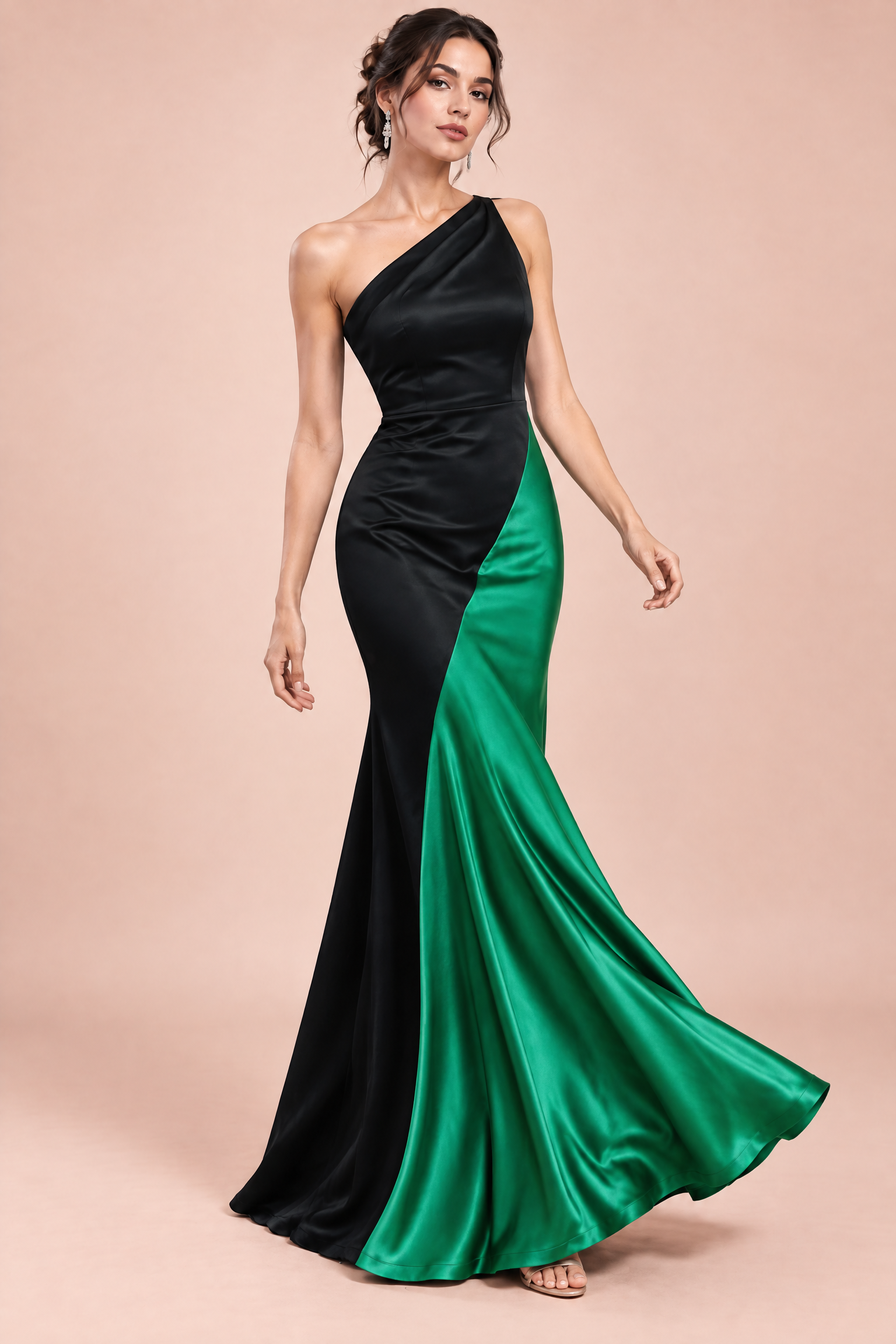 Robe longue noire et verte à une épaule | Vue en mouvement | Lounelle Paris