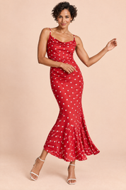 Robe longue sirène rouge à pois et encolure drapée | Vue en mouvement | Lounelle Paris