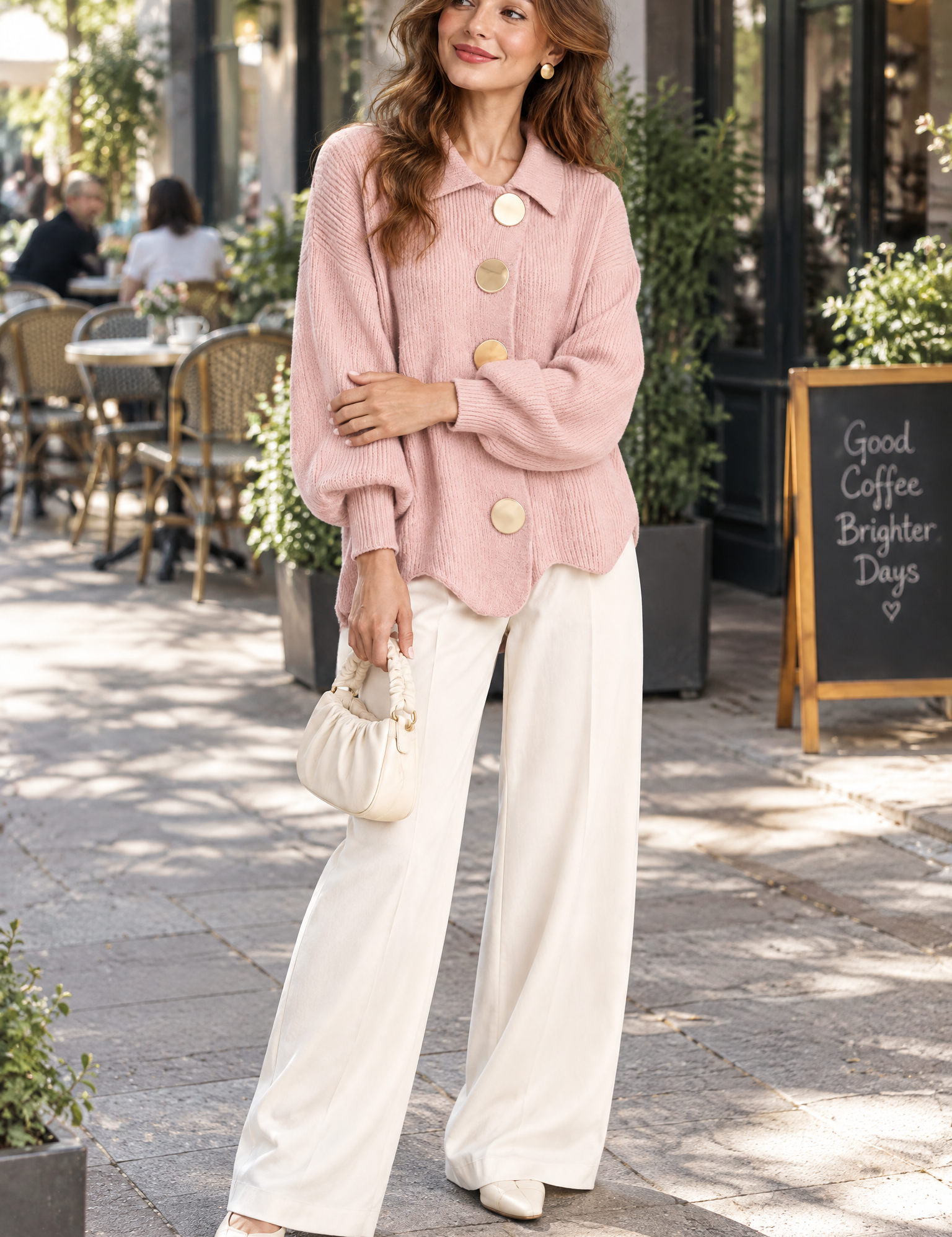 Cardigan oversize rose poudré à col | Photo lifestyle | Lounelle Paris