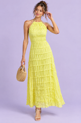 Vestido comprido plissado amarelo