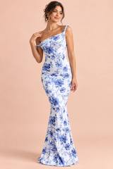Vestido comprido azul assimétrico com efeito torcido