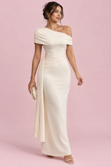 Vestido Midi Creme Assimétrico com Drapeado