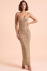 Vestido Comprido Brilhante Dourado com Decote Quadrado