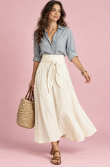 Conjunto de camisa e saia branco-sujo com cinto para atar