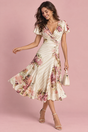Robe midi ivoire fleurie froncée à col V | Vue de face | Lounelle Paris