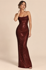 Vestido comprido com lantejoulas e decote drapeado bordeaux