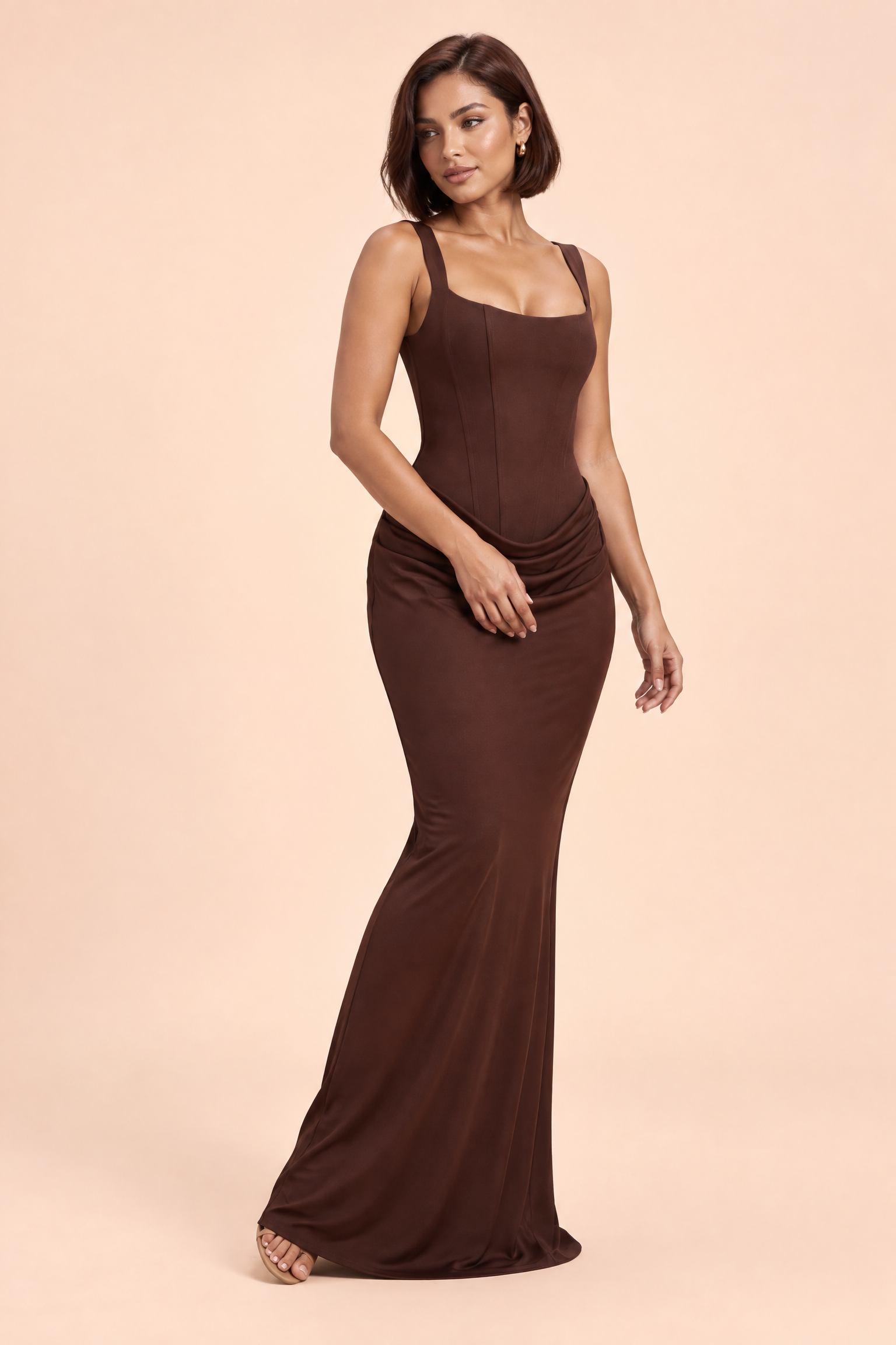 Robe longue marron froncée à encolure carrée | Vue de dos | Lounelle Paris