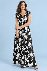 Vestido comprido floral preto com cintura franzida