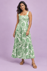 Vestido midi verde com estampado inspirado em porcelana, decote quadrado