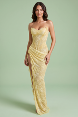 Vestido de renda com franzidos em amarelo-claro