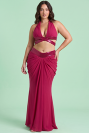 Ensemble magenta à dos nu avec jupe longue drapée | Porté sur une autre silhouette | Lounelle Paris