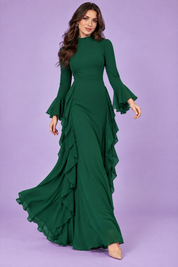 Robe longue verte à volants et manches cloche | Vue en mouvement | Lounelle Paris