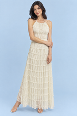 Vestido comprido plissado branco-sujo