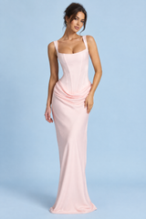 Vestido maxi rosa justo com decote quadrado e franzido