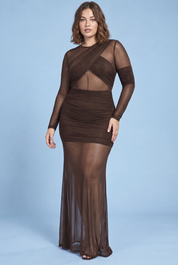 Robe longue moulante marron à fronces | Porté sur une autre silhouette | Lounelle Paris
