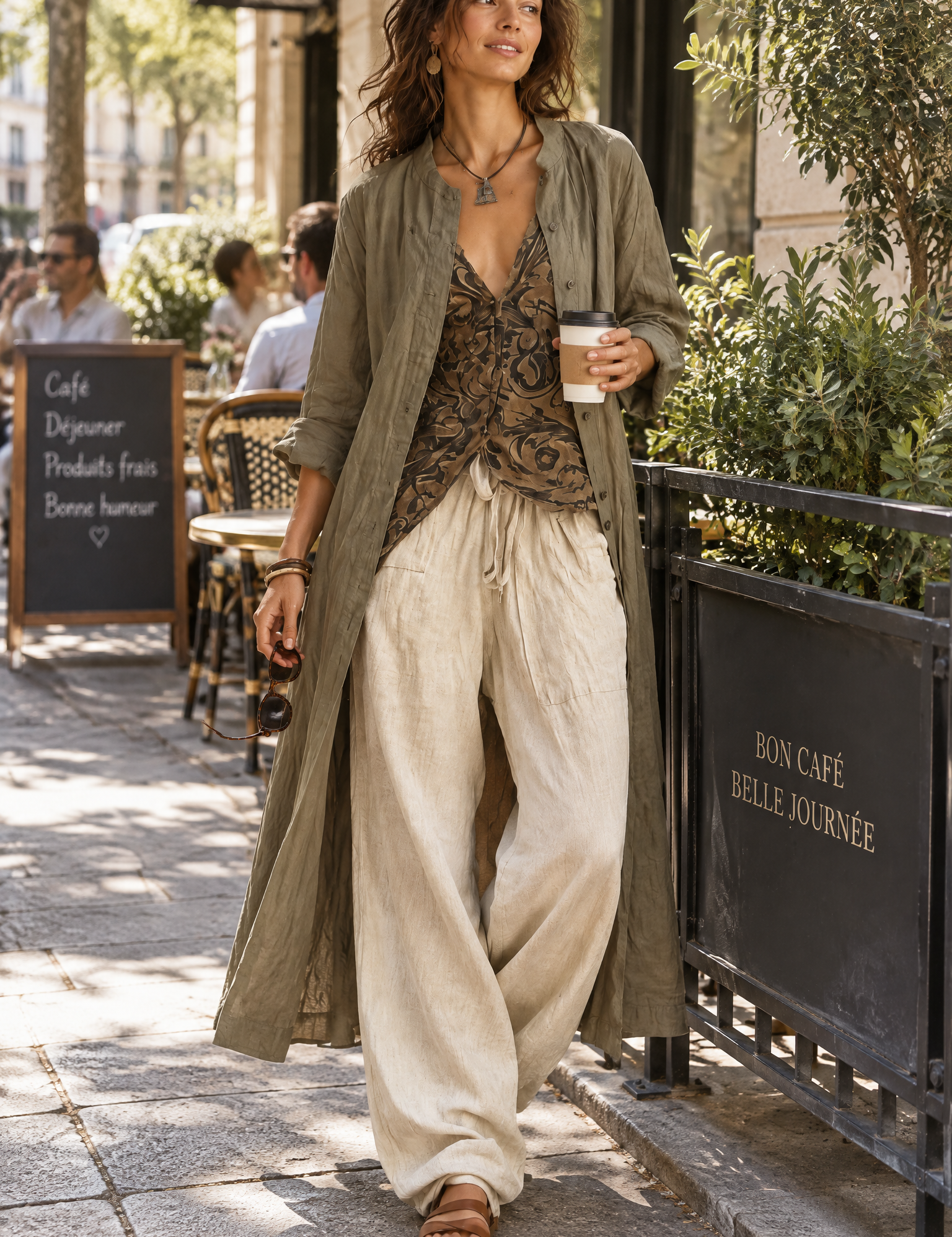 Ensemble olive rayé fluide | Photo lifestyle | Lounelle Paris