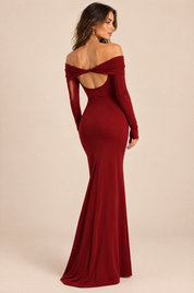 Robe longue bordeaux asymétrique à fronces et drapé | Vue de dos | Lounelle Paris