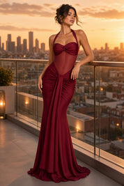 Robe longue bordeaux froncée à encolure dos nu | Deuxième photo lifestyle | Lounelle Paris