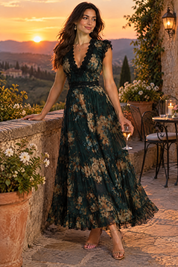 Robe longue fleurie vert foncé à col V et volants | Deuxième photo lifestyle | Lounelle Paris