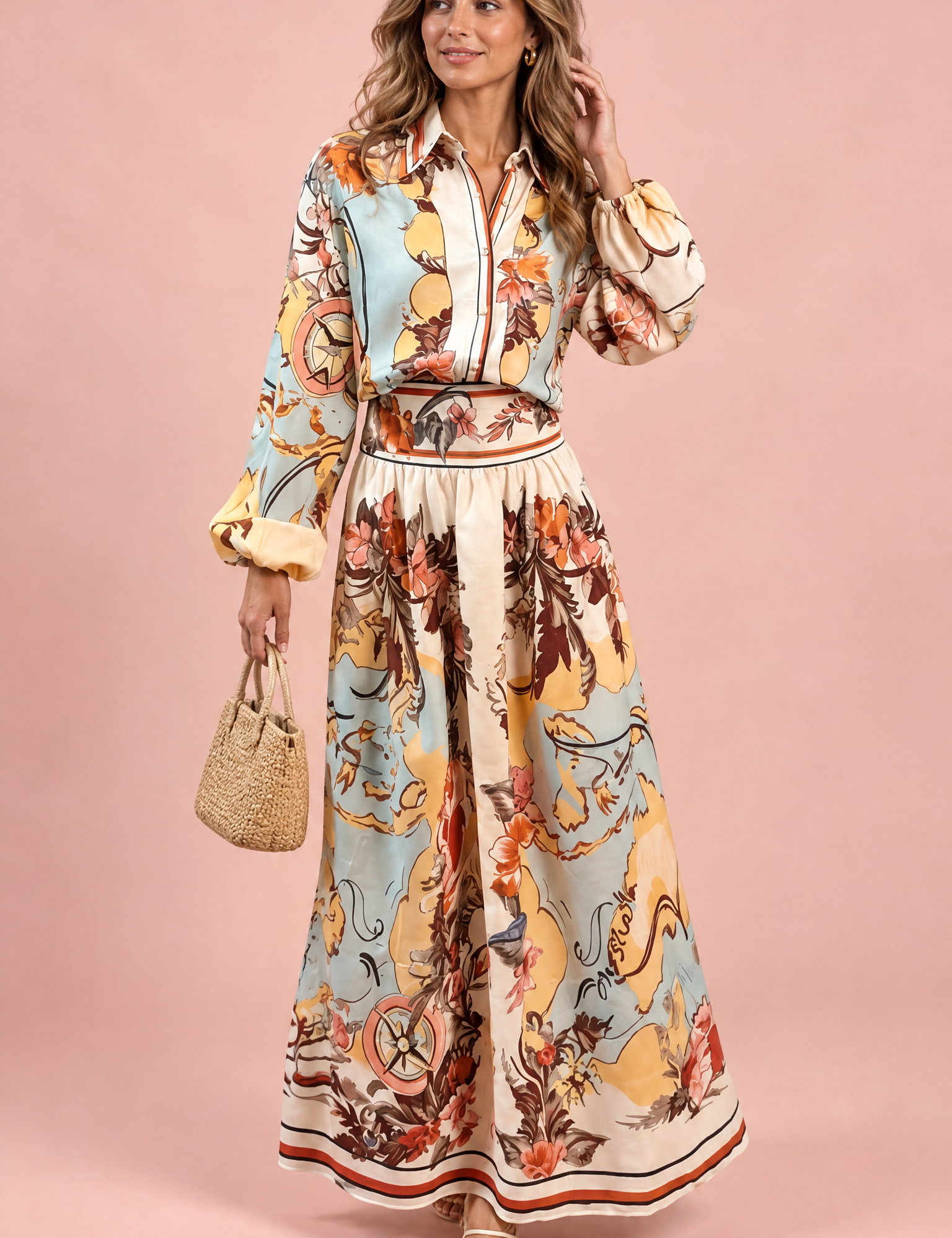 Ensemble chemise et jupe imprimé multicolore | Vue de face | Lounelle Paris