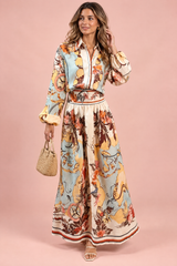 Conjunto de camisa e saia com estampado multicolorido