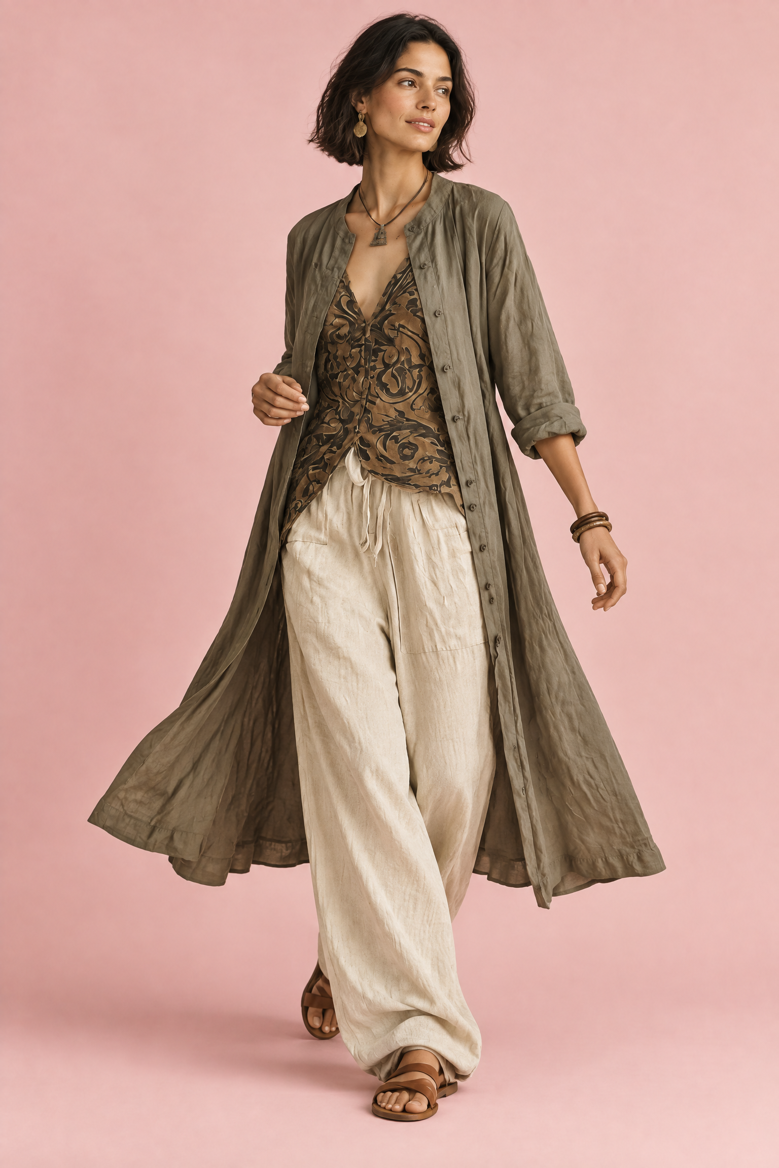 Ensemble olive rayé fluide | Vue en mouvement | Lounelle Paris