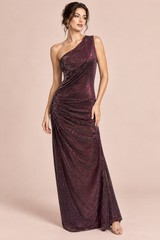 Vestido comprido bordeaux de lantejoulas, de um ombro