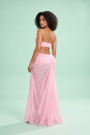Robe longue rose à encolure américaine, découpes et mesh transparent | Vue de dos | Lounelle Paris