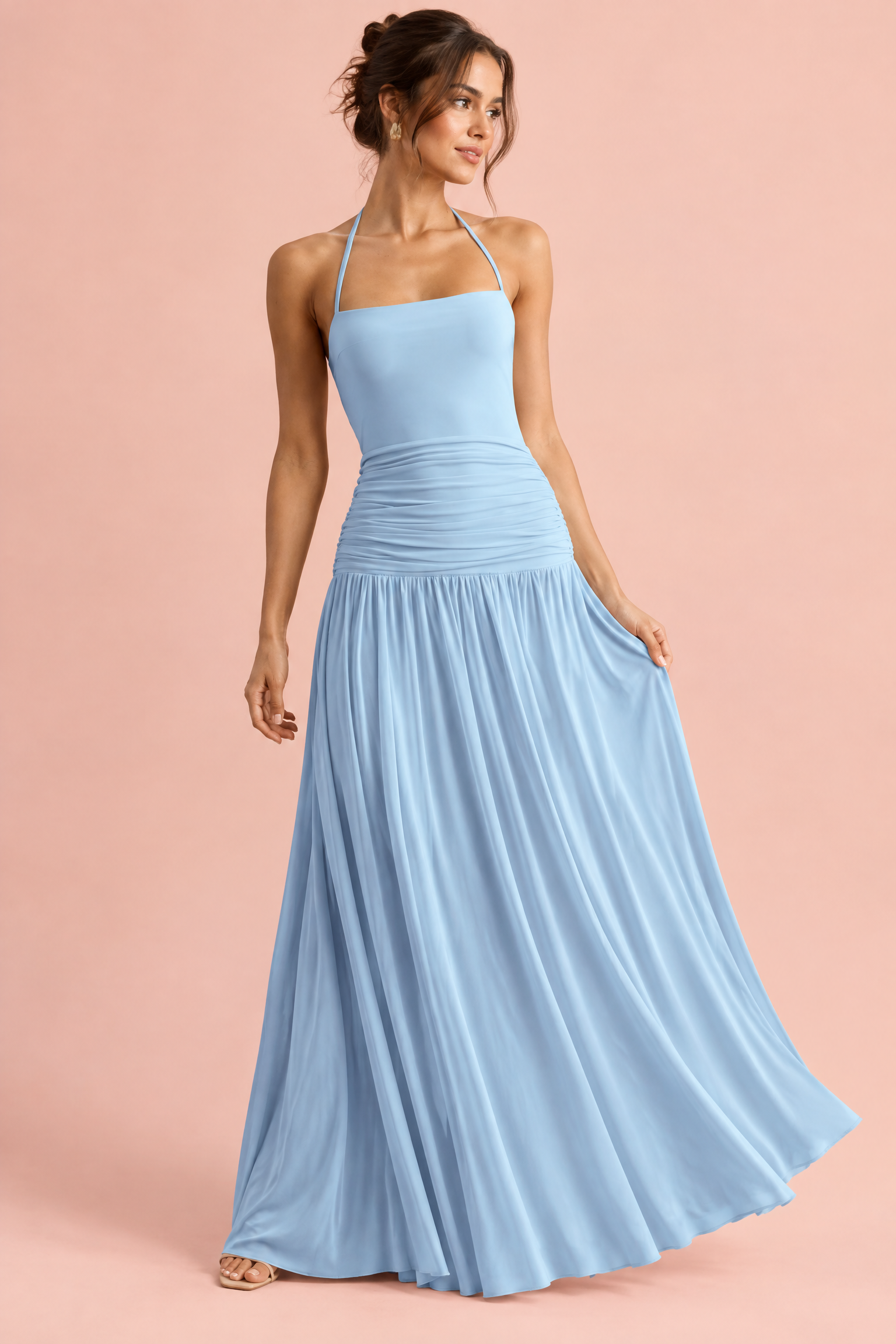 Robe longue bleu clair à encolure carrée et fronces | Vue de face | Lounelle Paris