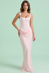 Vestido comprido rosa com franzido e decote quadrado