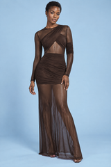 Vestido maxi castanho justo com franzidos