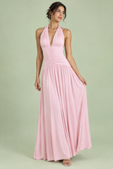 Vestido maxi rosa velho com decote profundo e detalhes franzidos