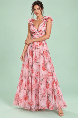 Vestido comprido rosa floral com folhos