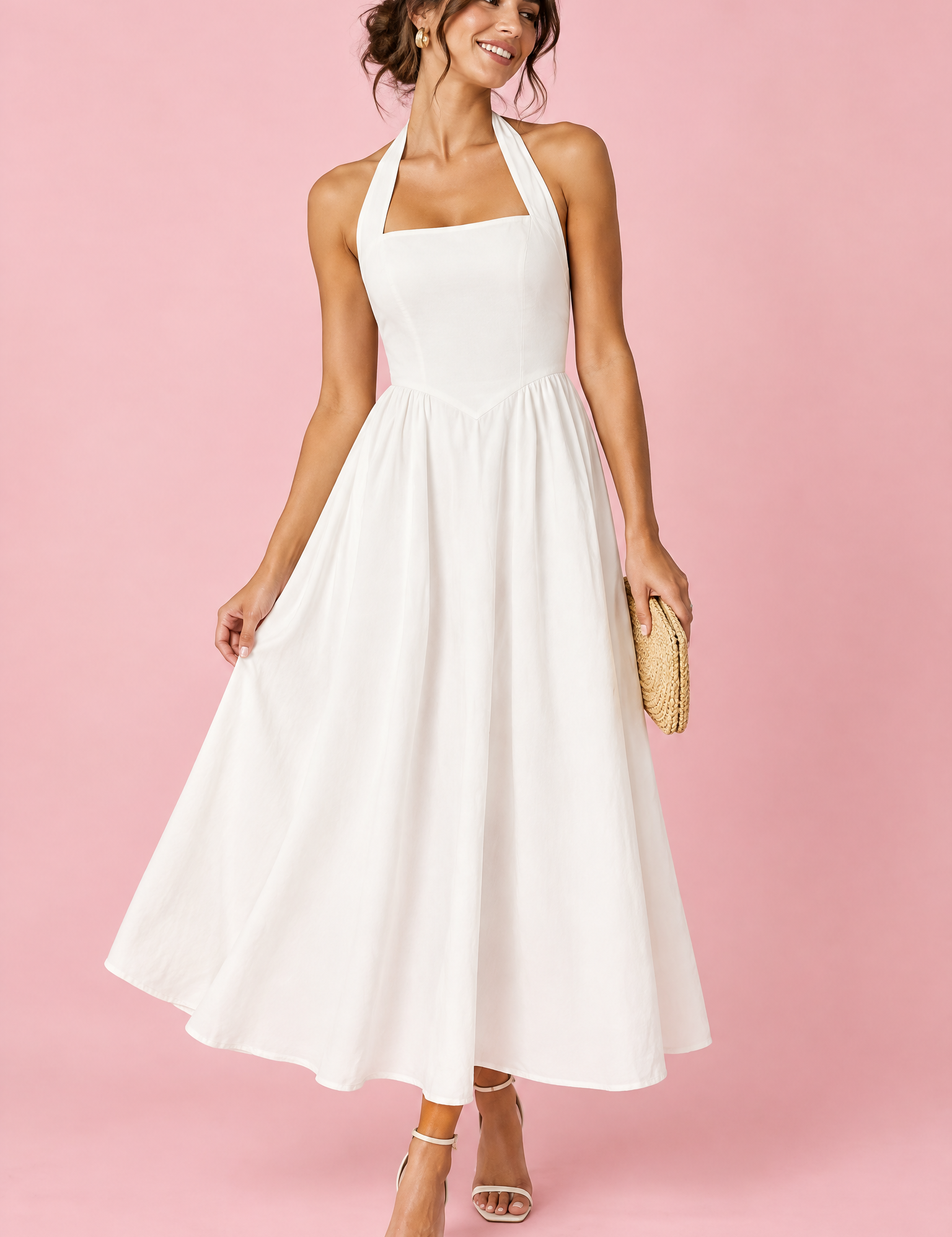 Robe midi patineuse blanche à encolure américaine | Vue de face | Lounelle Paris