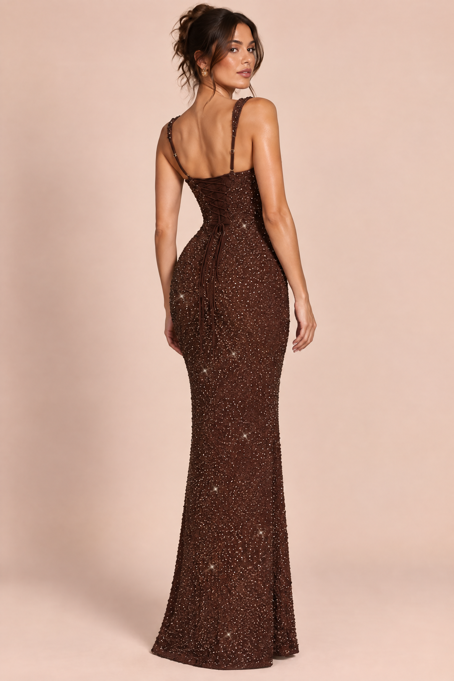 Robe longue à sequins marron | Vue de dos | Lounelle Paris