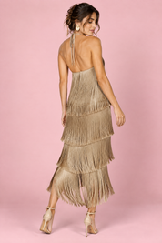 Robe longue dorée dos nu à franges superposées | Vue de dos | Lounelle Paris