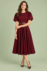 Vestido midi bordeaux de gola subida e mangas balão