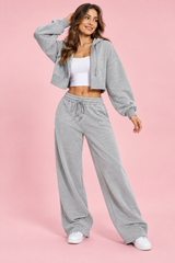 Conjunto de camisola curta com capuz e calças - Cinzento
