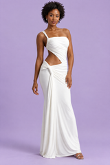 Vestido maxi assimétrico branco com saia envelope