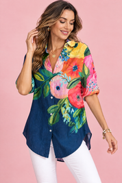 Chemise longue fleurie à col – Bleu marine | Vue rapprochée | Lounelle Paris
