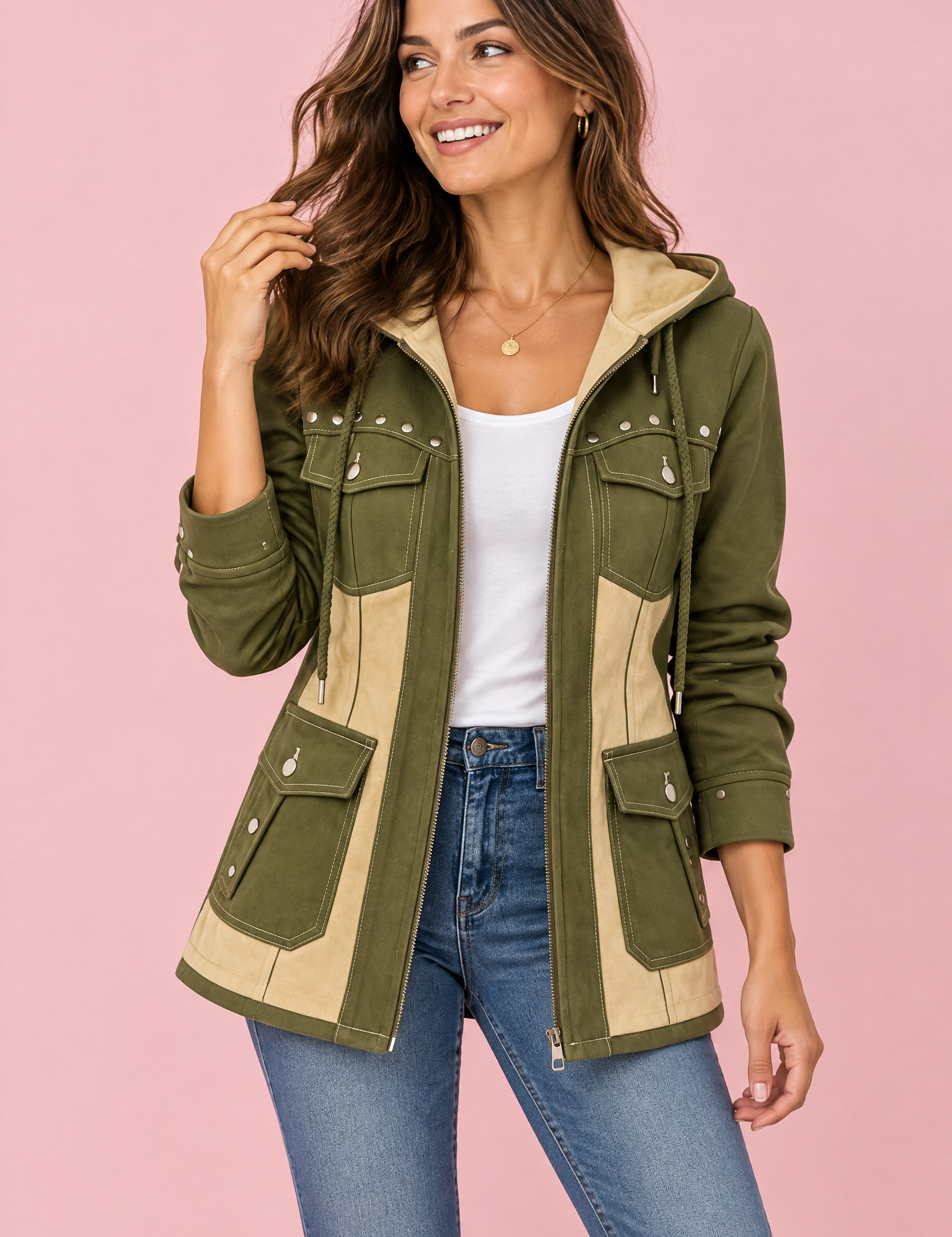 Veste à capuche olive à empiècements | Vue de face | Lounelle Paris